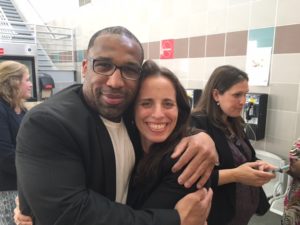 Anthony Wright hugs his attorney Nina Morrison moments after his release from prison on Aug. 23, 2016. 